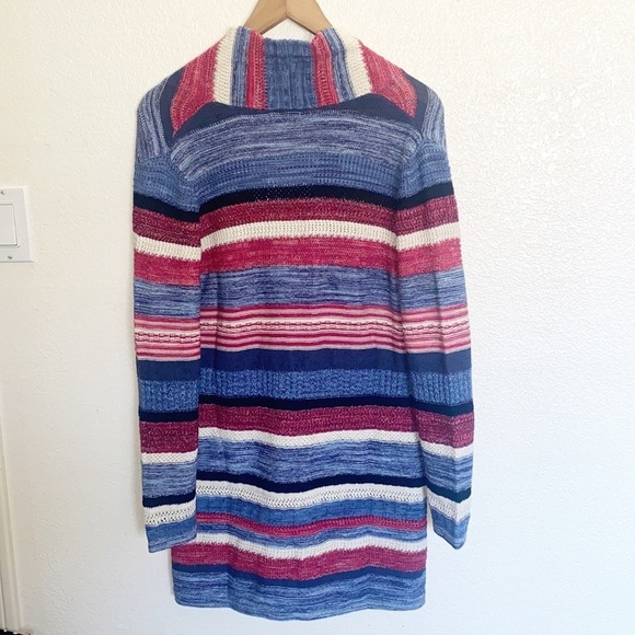 J. Jill Red Blue White Striped Knit Cotton Linen Blend Duster Button Cardigan - Picture 11 of 13